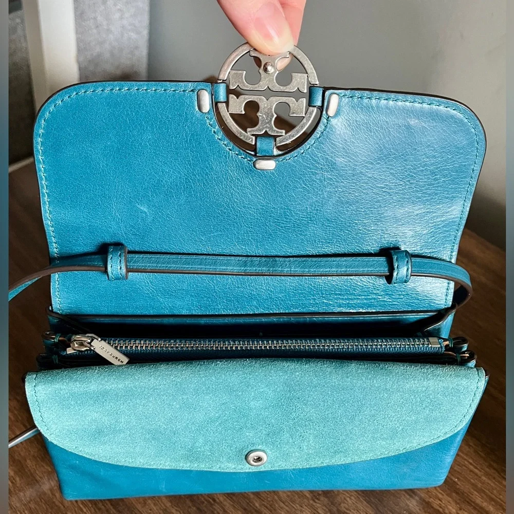 Tory Burch Turquoise Blue Leather and Suede ‘Miller’ Wallet-on-Chain Crossbody